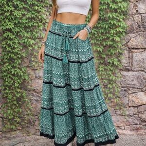 M.A.B.E. Mari Boho Patterned Green Shirred Maxi Skirt, M